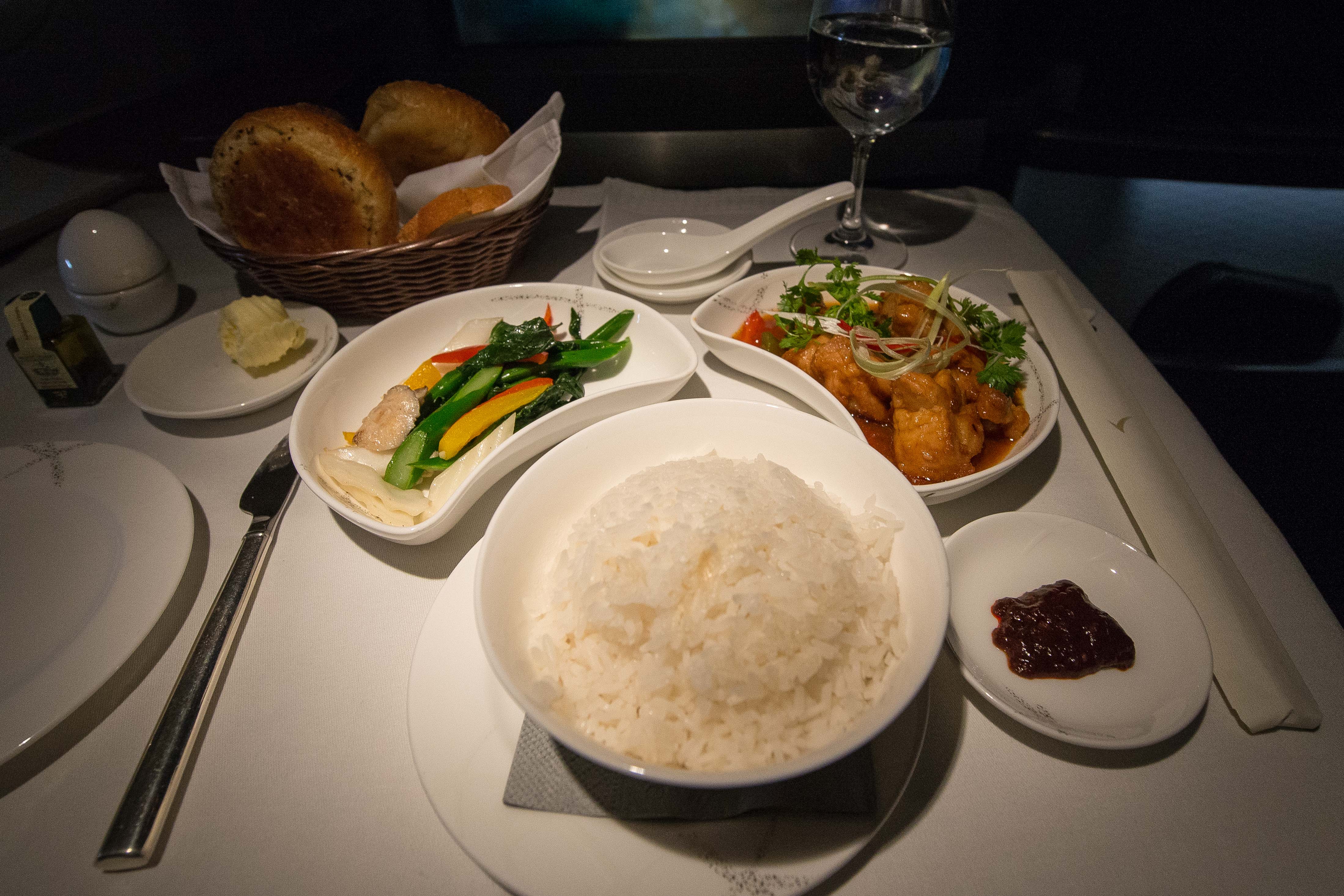 Cathay Pacific 77W First Class Stir Fried Chicken