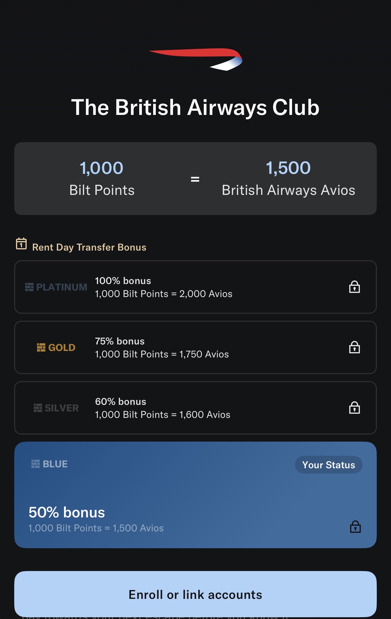 Bilt Rent Day 活动【2025.12 更新：British Airways (BA) 50%-100% 转点Bonus】 - 美国信用卡指南