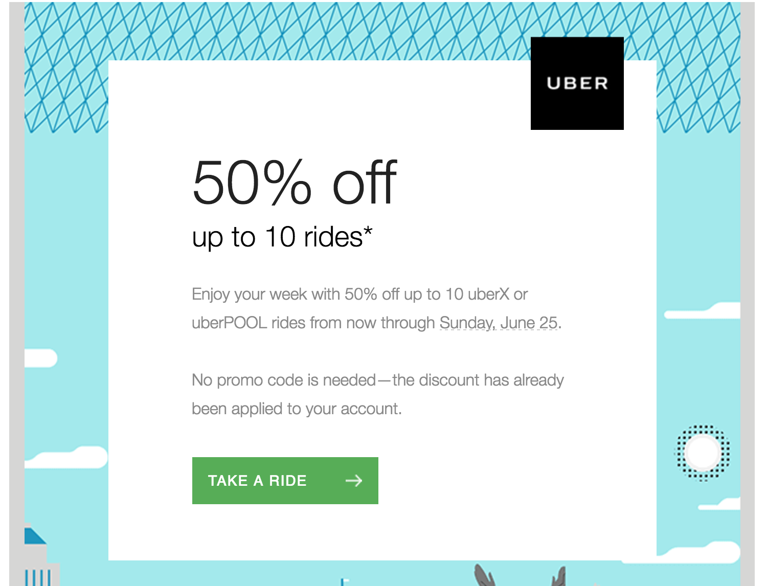 Uber Promotion 50 Off Up to 10 Rides Through June 25 [Update 2017.06.