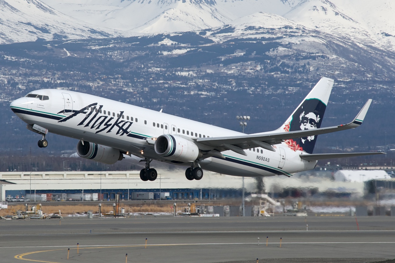 Departing Runway 34 Anchorage. Lei on tail signifying Hawaii service.